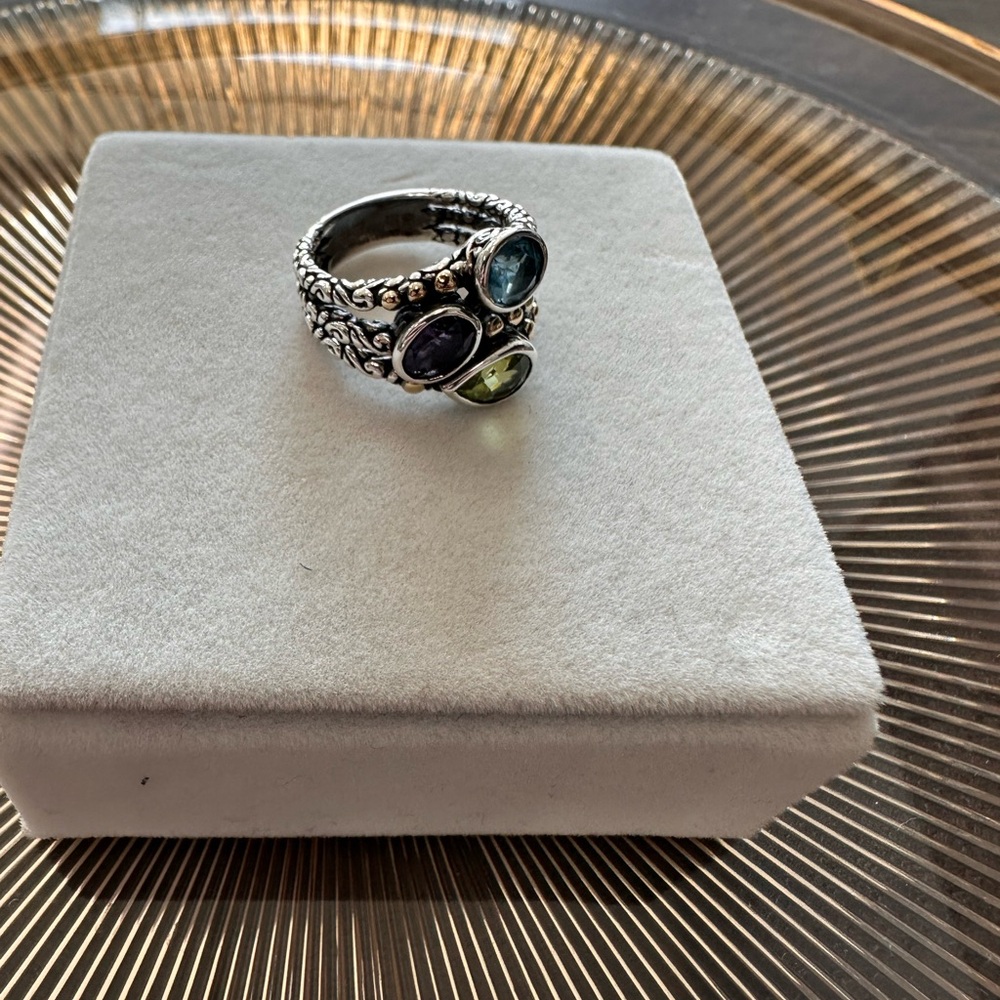 Effy.925/18k amethyst, peridot, and topaz ring